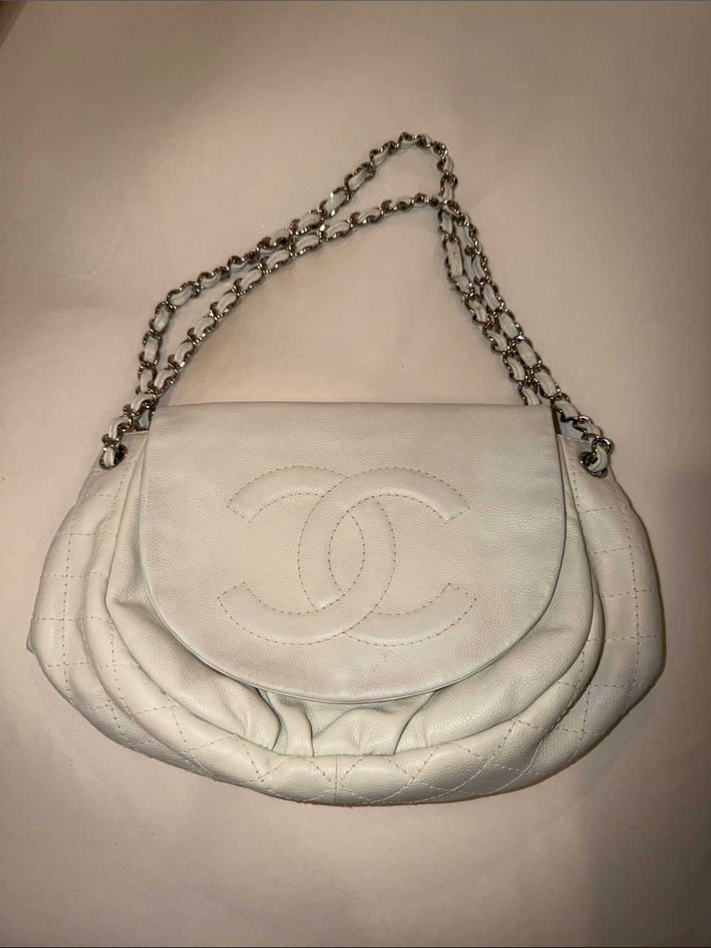CHANEL Half Moon Caviar Leather Shoulder Bag White (2008–2009) vintage Auth